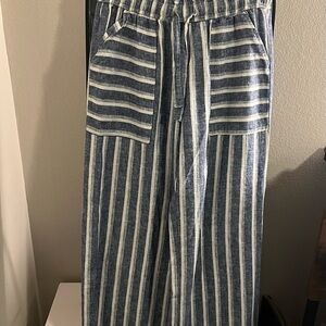 SO Ladies Navy and White Striped Wide Leg Pants w/front Pockets Linen Blend MED